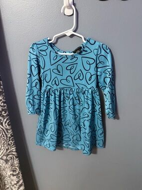 Girls' Blue Heart-Print Long Sleeve Dress